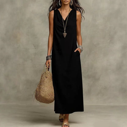 Women's Sleeveless Cowl Neck Maxi Dress with Pockets