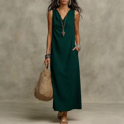 Women's Sleeveless Cowl Neck Maxi Dress with Pockets