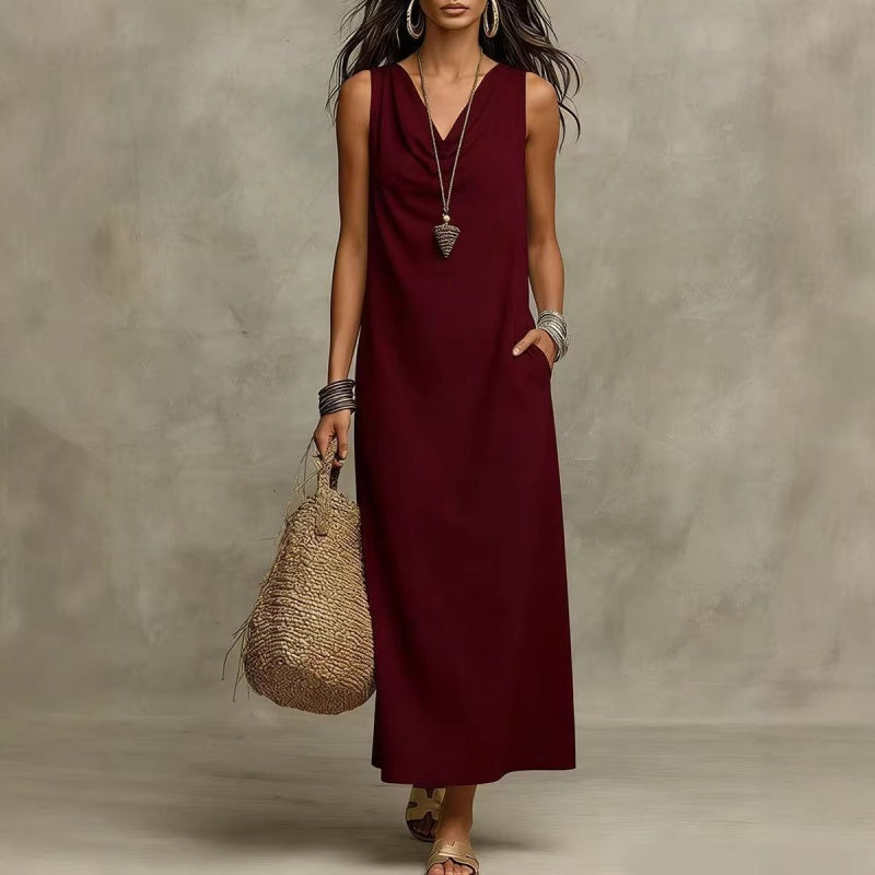 Women's Sleeveless Cowl Neck Maxi Dress with Pockets