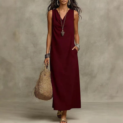 Women's Sleeveless Cowl Neck Maxi Dress with Pockets