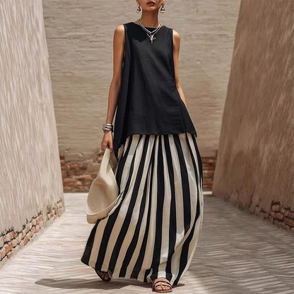 Women's Sleeveless Top & Striped Skirt Set