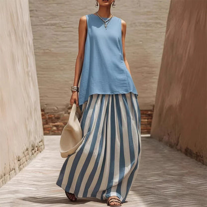 Women's Sleeveless Top & Striped Skirt Set