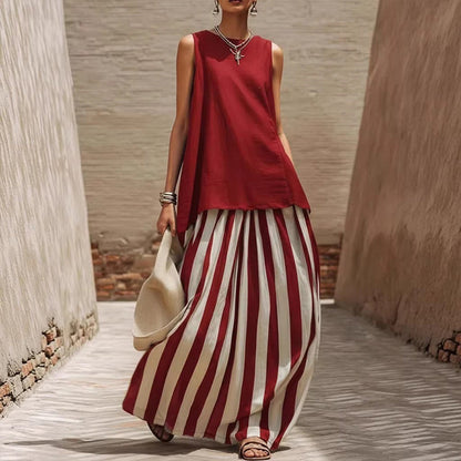Women's Sleeveless Top & Striped Skirt Set