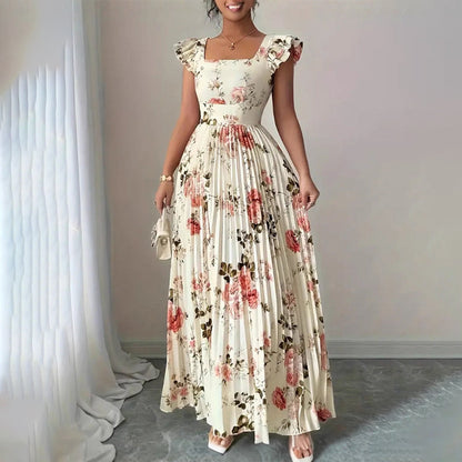 Elegant Floral Print Pleated Maxi Dress