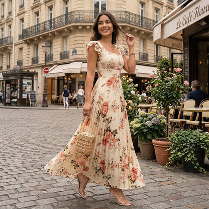 Elegant Floral Print Pleated Maxi Dress