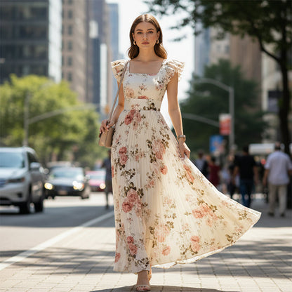 Elegant Floral Print Pleated Maxi Dress