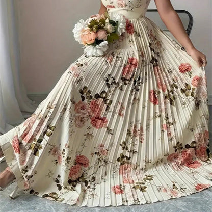 Elegant Floral Print Pleated Maxi Dress