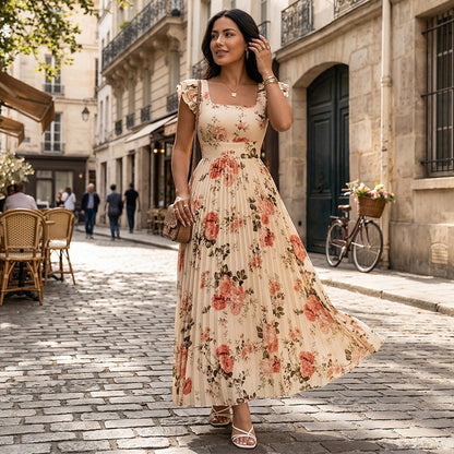 Elegant Floral Print Pleated Maxi Dress