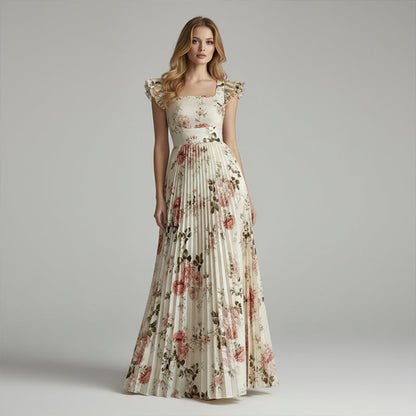 Elegant Floral Print Pleated Maxi Dress