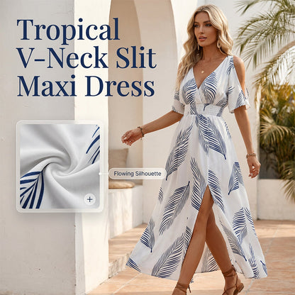 Cold Shoulder Tropical Print Split Maxi Dress