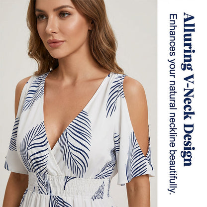 Cold Shoulder Tropical Print Split Maxi Dress