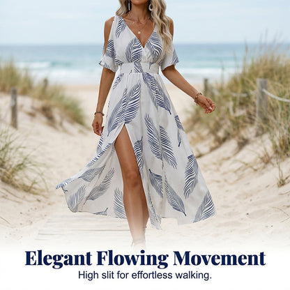 Cold Shoulder Tropical Print Split Maxi Dress