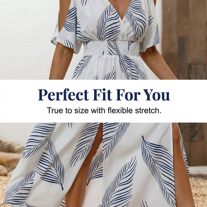 Cold Shoulder Tropical Print Split Maxi Dress