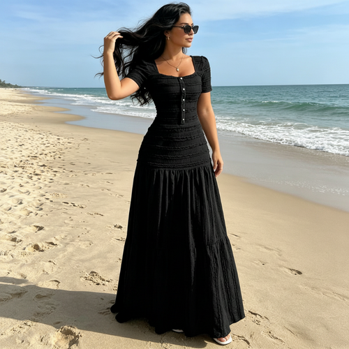 👗 LIMITED-TIME 50% OFF! ✨ Women's Square Neck Dress Set – Crinkled Fabric, Tiered Skirt, Elegant 🍷
