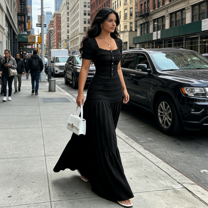 👗 LIMITED-TIME 50% OFF! ✨ Women's Square Neck Dress Set – Crinkled Fabric, Tiered Skirt, Elegant 🍷