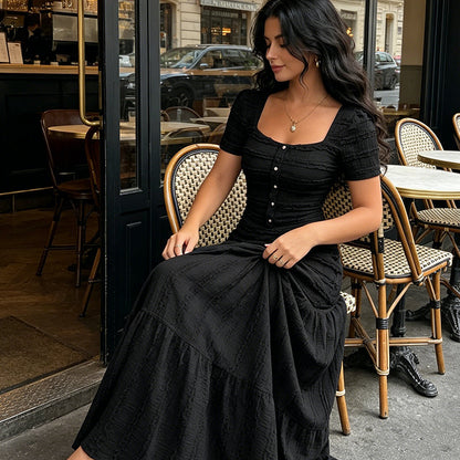 👗 LIMITED-TIME 50% OFF! ✨ Women's Square Neck Dress Set – Crinkled Fabric, Tiered Skirt, Elegant 🍷