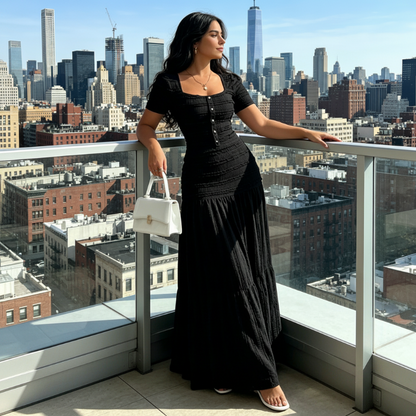👗 LIMITED-TIME 50% OFF! ✨ Women's Square Neck Dress Set – Crinkled Fabric, Tiered Skirt, Elegant 🍷