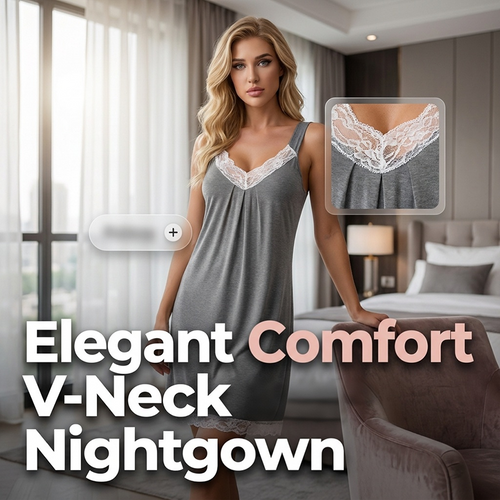 🌙 LIMITED-TIME 50% OFF! ✨ Women's Lace Trim Nightgown – V-Neck, Silky, Relaxed 🍃