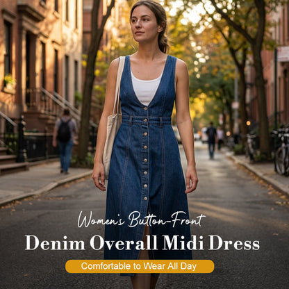 Women's Button-Front Denim Overall Midi Dress