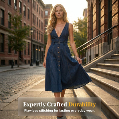Women's Button-Front Denim Overall Midi Dress