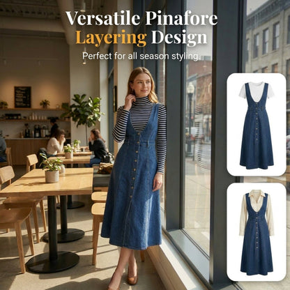 Women's Button-Front Denim Overall Midi Dress