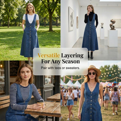 Women's Button-Front Denim Overall Midi Dress