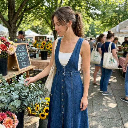 Women's Button-Front Denim Overall Midi Dress