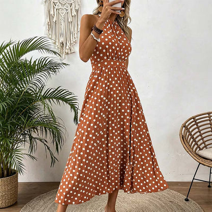 👗 LIMITED-TIME 50% OFF! ✨ Polka Dot Halter Neck Dress – Flowy, Flattering, Retro-Chic 🌼