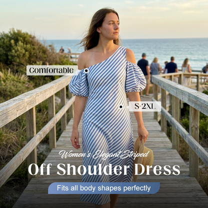 👗 LIMITED-TIME 50% OFF! ✨ Women's Striped Off Shoulder Dress – Elegant, Flowy, Summer Chic 🌊
