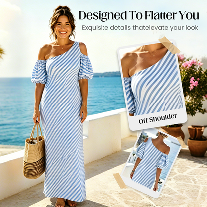 👗 LIMITED-TIME 50% OFF! ✨ Women's Striped Off Shoulder Dress – Elegant, Flowy, Summer Chic 🌊