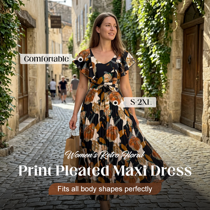 👗 LIMITED-TIME 50% OFF! ✨ Women's Retro Floral Pleated Maxi Dress – Flowy, Elegant, Boho Chic 🌸