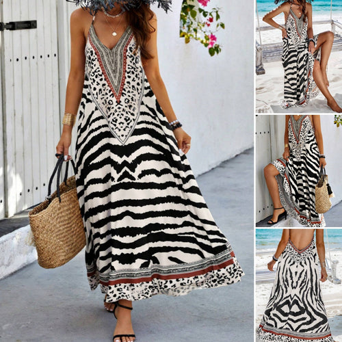 Zebra Leopard Print Slip Maxi Dress