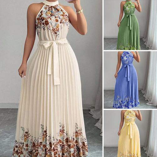 Sleeveless Halter Neck Floral Pleated Maxi Dress