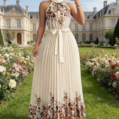 Sleeveless Halter Neck Floral Pleated Maxi Dress