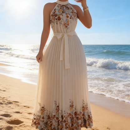 Sleeveless Halter Neck Floral Pleated Maxi Dress