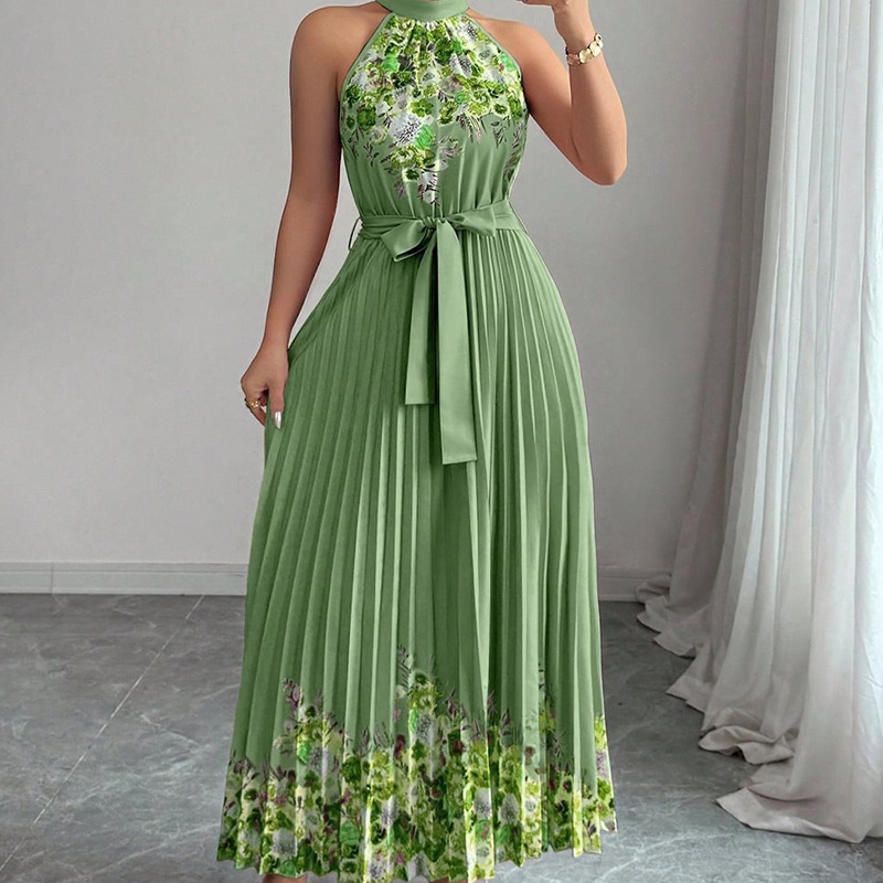 Sleeveless Halter Neck Floral Pleated Maxi Dress