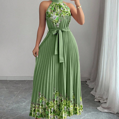 Sleeveless Halter Neck Floral Pleated Maxi Dress