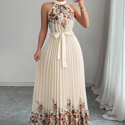 Sleeveless Halter Neck Floral Pleated Maxi Dress