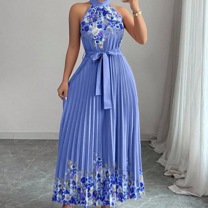 Sleeveless Halter Neck Floral Pleated Maxi Dress