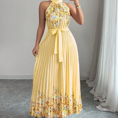 Sleeveless Halter Neck Floral Pleated Maxi Dress