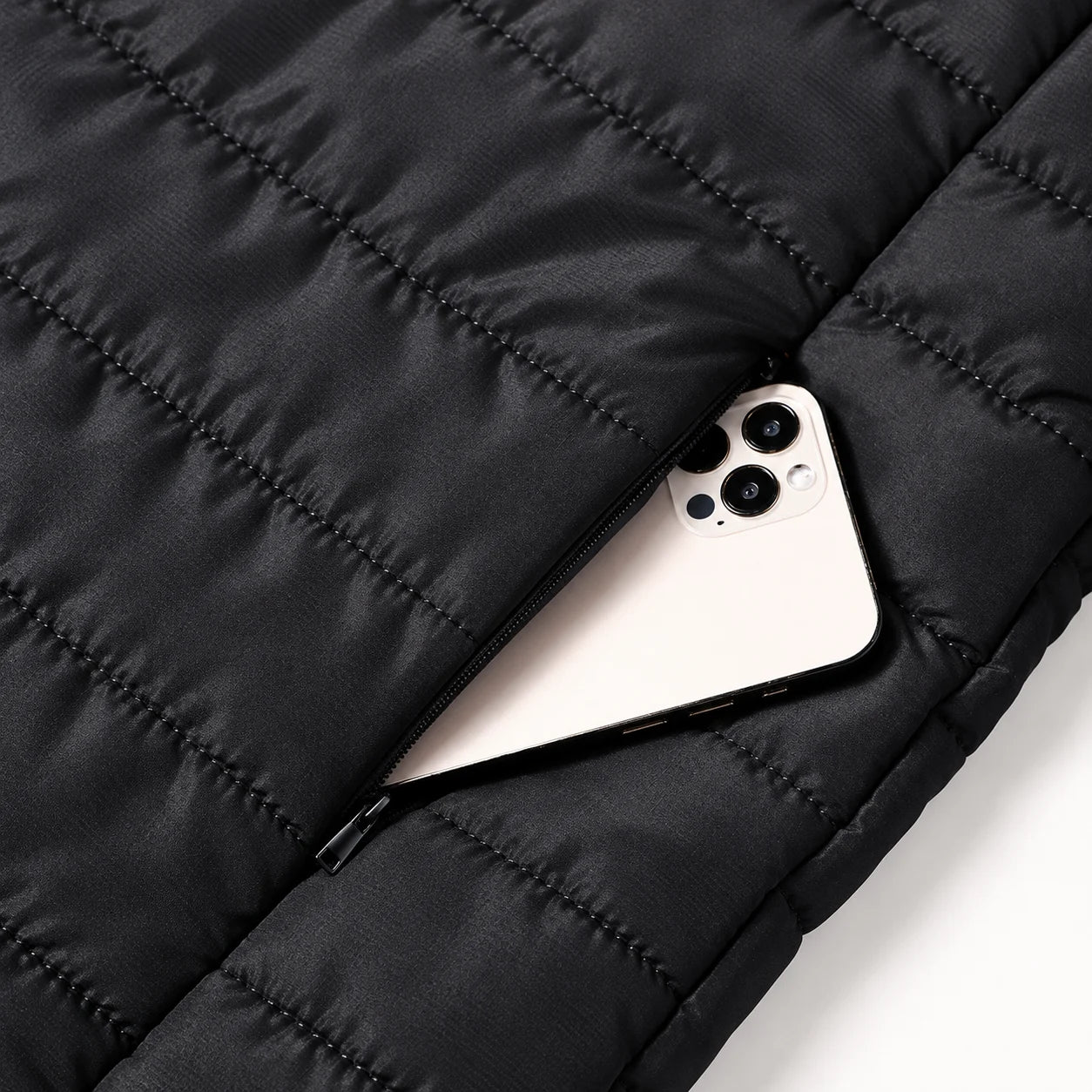 Zippered side pockets — enlarged black quilted jacket detail