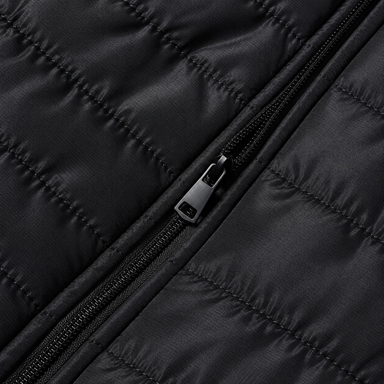 Full front zipper — enlarged black quilted jacket detail